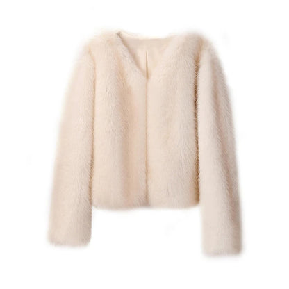 Apricot Golden Tip Plus size woman wearing short fox faux fur casual street coat