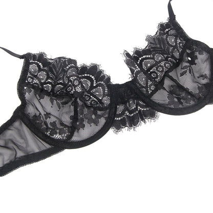 Black lace lingerie set on a white background