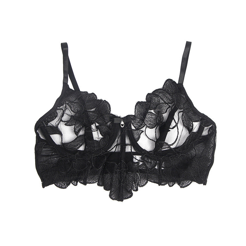 Black lace bra on a white background