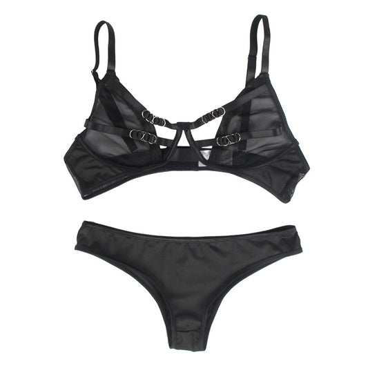 Black bikini set with straps on a white background
