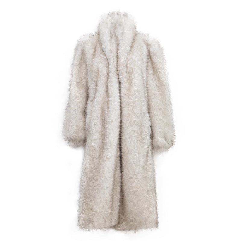 Close-up of plush raccoon-style faux fur and large fox collar on plus size coat
