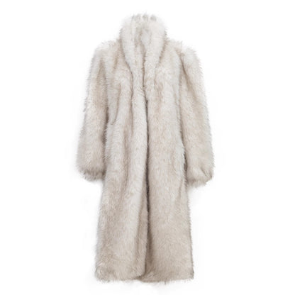 Close-up of plush raccoon-style faux fur and large fox collar on plus size coat