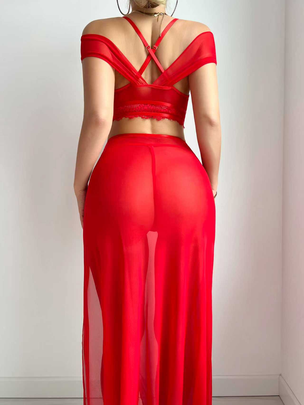 Sexy Slim Slit Skirt Lingerie Set – Three-Piece Outfit for Women