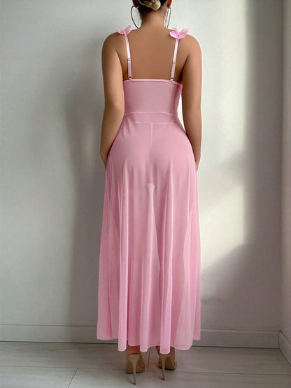 Sexy Women’s Two-Piece Pajama Set – See-Through Split Suspender Long Dress with T-Back Panties