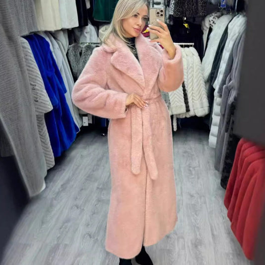 Pink Plus size woman wearing thick lengthened imitation rabbit faux fur coat