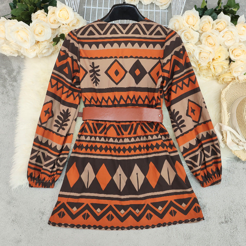 Women Clothing Bohemian Print Long Sleeve Dress Women Loose Casual