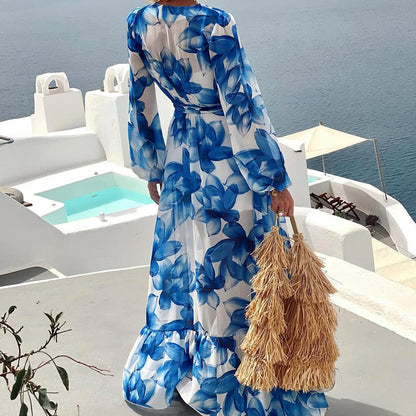 Women Clothing Printed V neck Long Sleeve Vacation Mid Length Dress