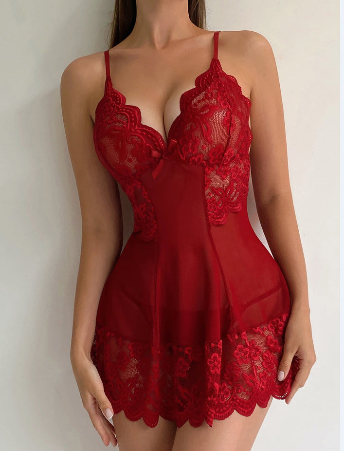 Sexy See-Through Lace Slip Nightdress – Hollow-Out Printed Lingerie Suit for Women