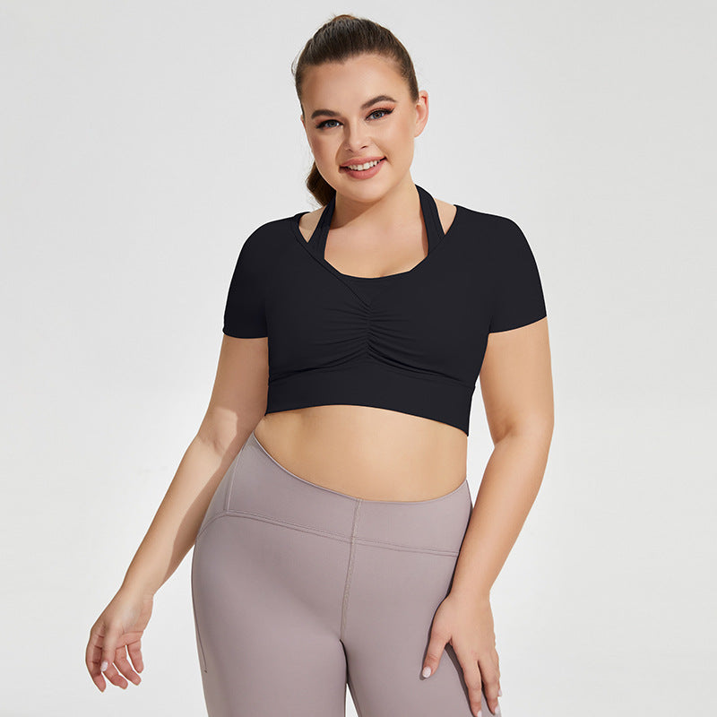 Black Plus size halter yoga top with chest pad and long sleeves for women