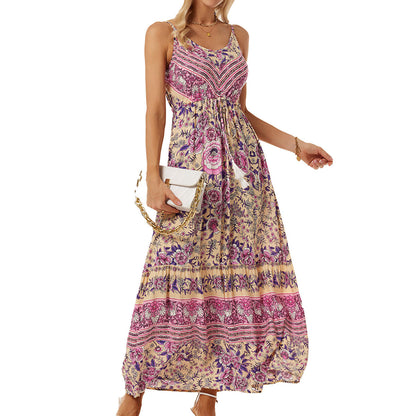 Women Bohemian Strap Dress Printed Vacation Beach Dress
