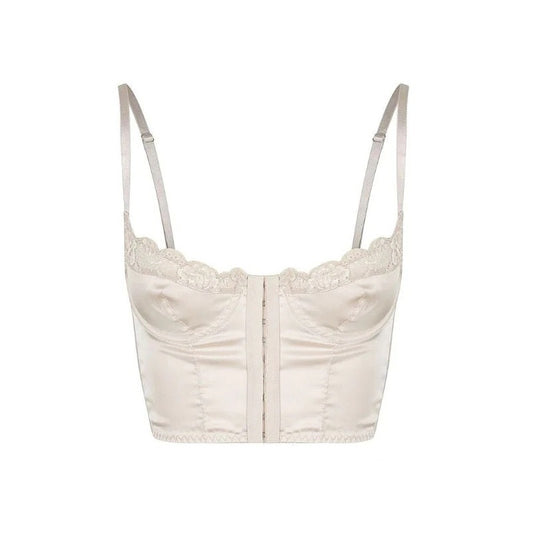 Beige lace-trimmed crop top on a white background