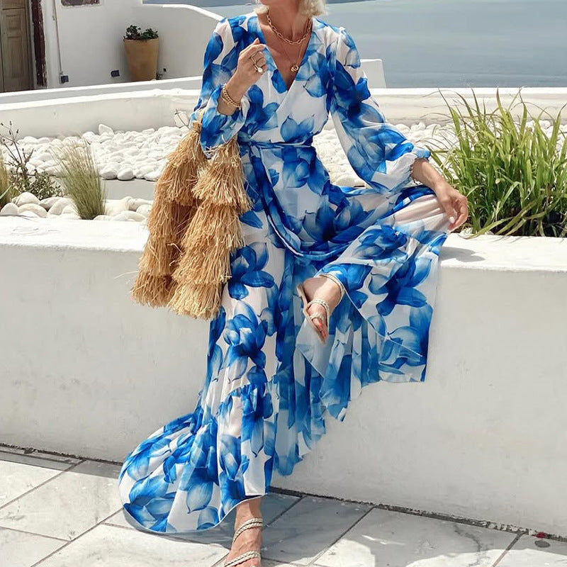 Women Clothing Printed V neck Long Sleeve Vacation Mid Length Dress