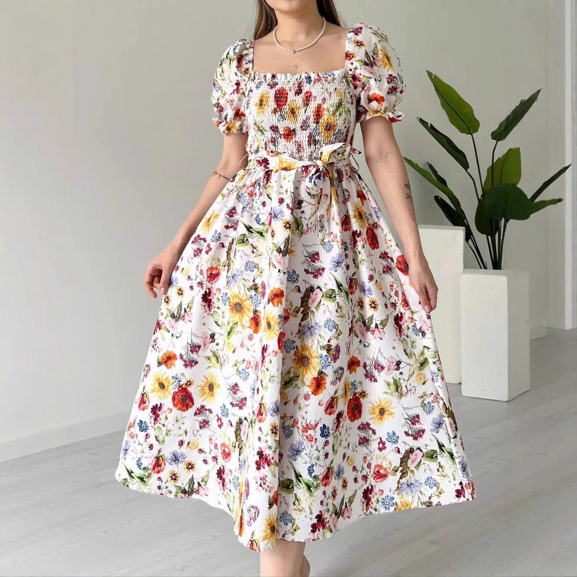 Women Vacation Casual Puff Sleeve Floral Waist A line Dress