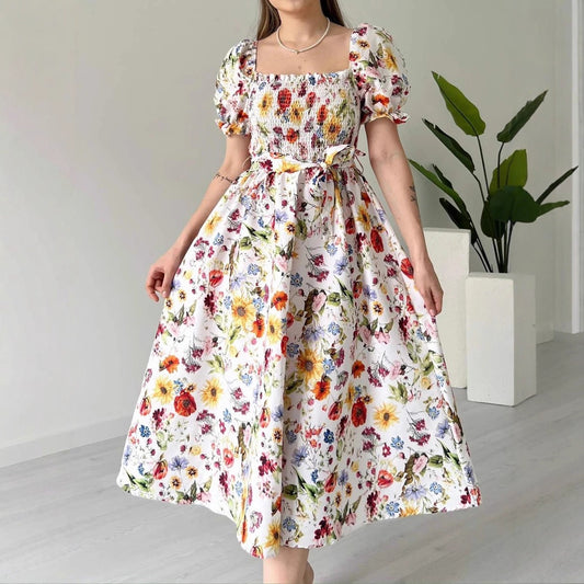Women Vacation Casual Puff Sleeve Floral Waist A line Dress