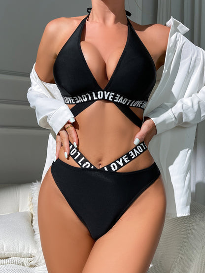 Sexy Hollow-Out Lingerie Set – Backless Letter Graphic Strap Three-Point Design for Women
