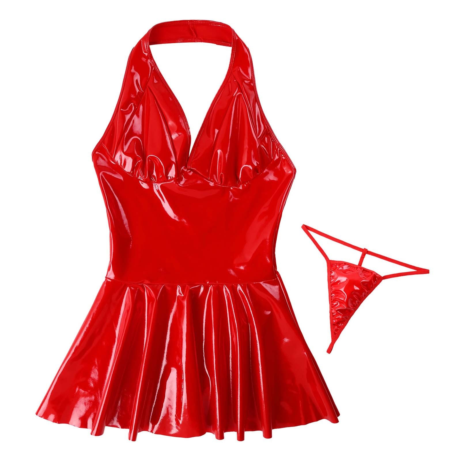 Red vinyl dress with matching thong on a white background