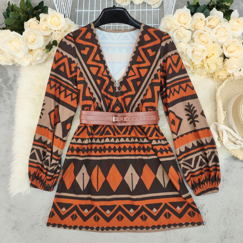 Women Clothing Bohemian Print Long Sleeve Dress Women Loose Casual