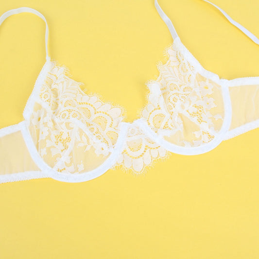 White lace bra on a yellow background