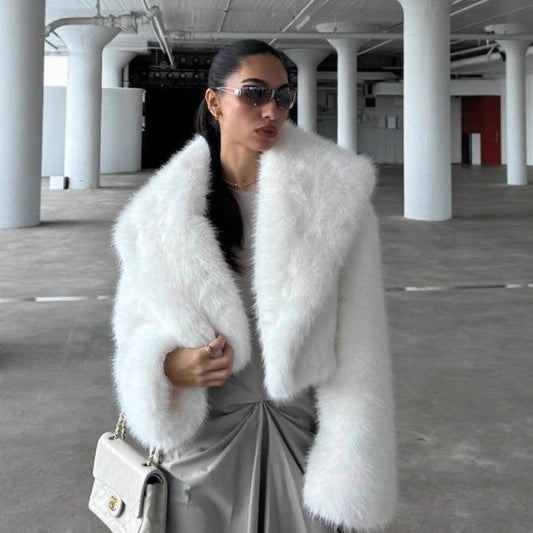 Elegant Collared Fur Coat Women Fluffy Soft White Fox Fur Top Plush Coat