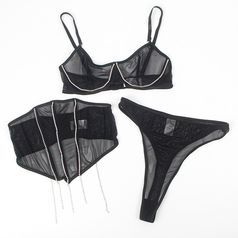 Diamond Desire Ultra-Thin Mesh & Chain Three-Piece Sexy Bra Set