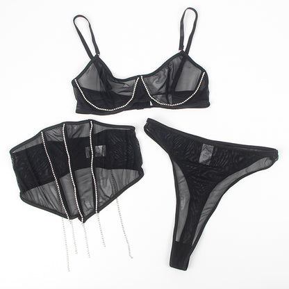 Diamond Desire Ultra-Thin Mesh & Chain Three-Piece Sexy Bra Set