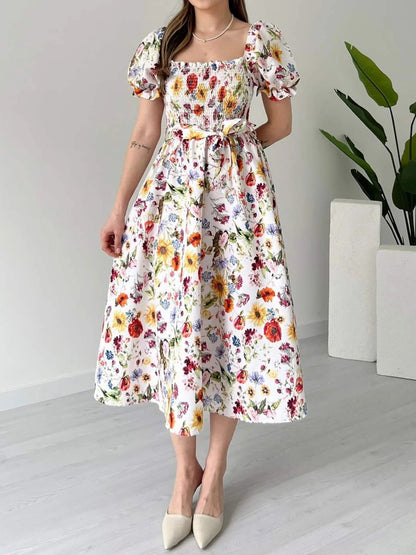 Women Vacation Casual Puff Sleeve Floral Waist A line Dress