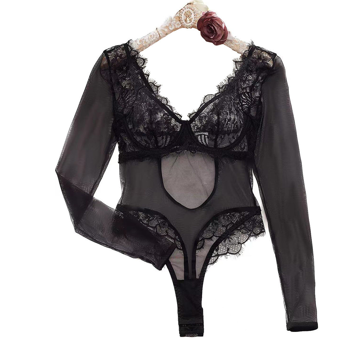 Seductive Lace & Mesh Jumpsuit – See-Through Backless Lingerie with Open Crotch