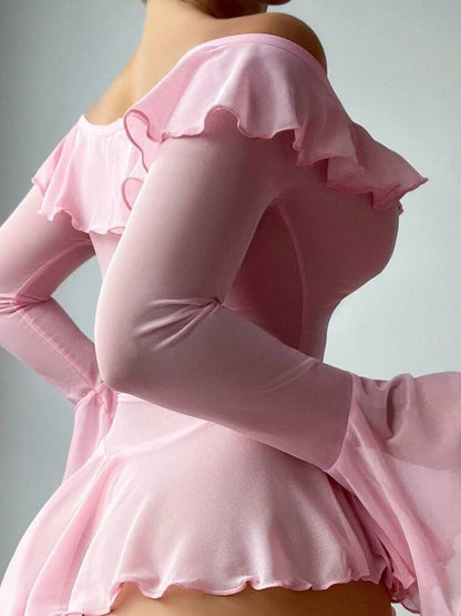 Sexy Off-Shoulder Lingerie Dress – Solid Color Long Sleeve Ruffled Rope Design for Women