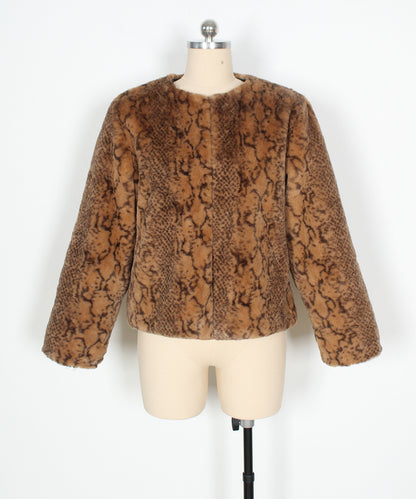 Brown snake print jacket on a mannequin against a white background
