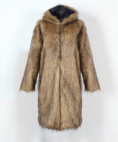 Brown fur coat with a hood on a white background
