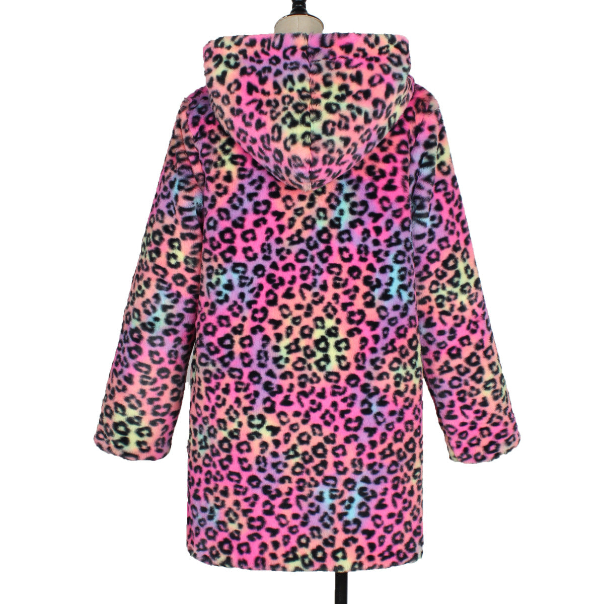 Multicolored leopard print jacket on a mannequin against a white background