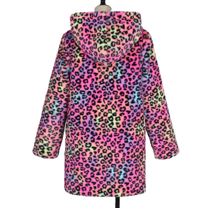 Multicolored leopard print jacket on a mannequin against a white background