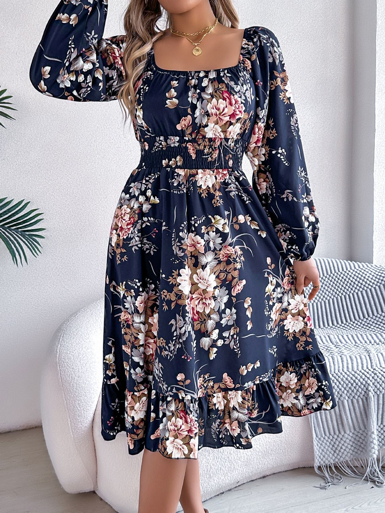 Spring Summer Elegant Floral Square Collar Long Sleeve Waist Trimming Ruffles A line Women Clothing