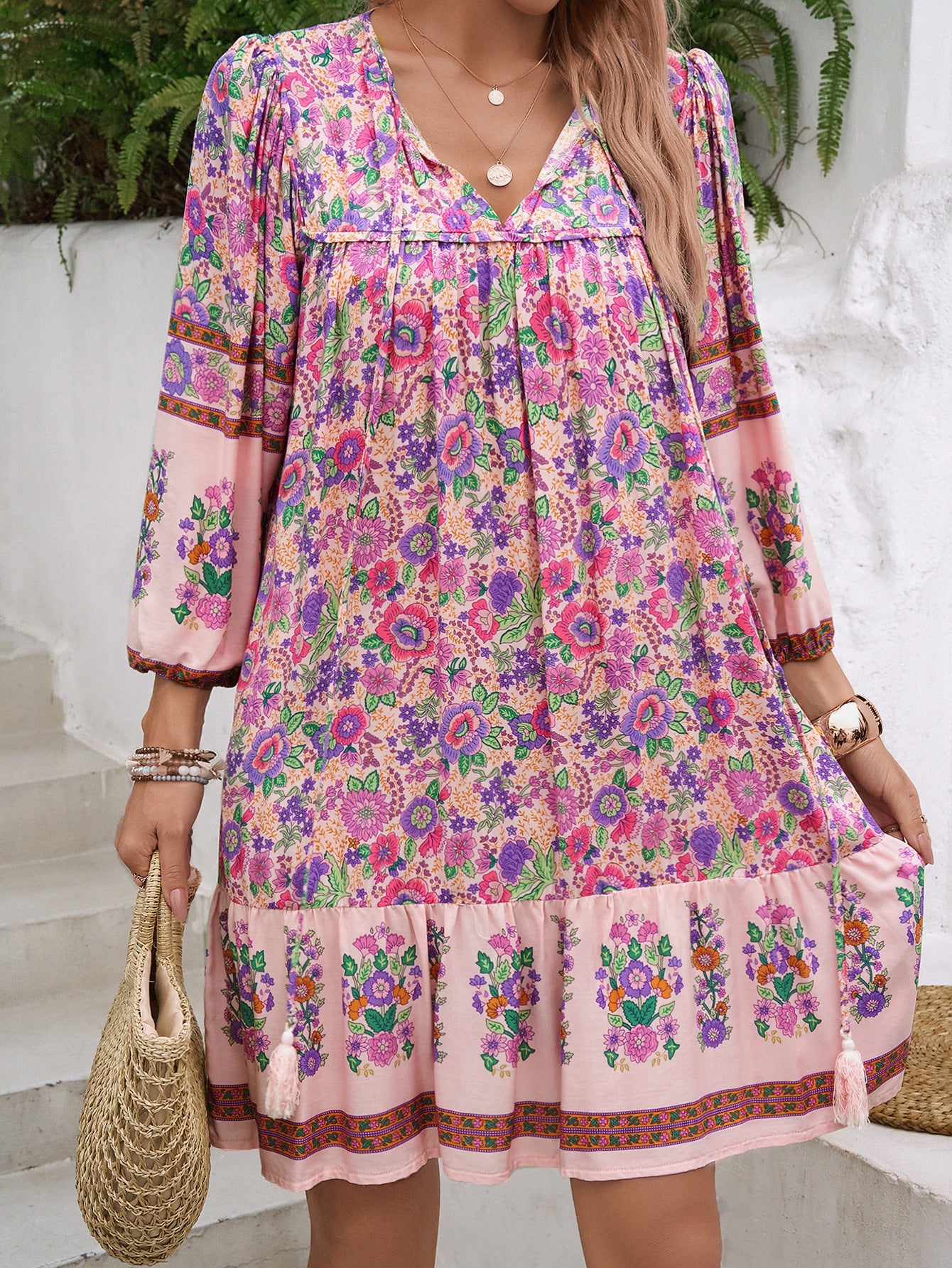 Spring Summer Casual Bohemian Holiday Rayon Printed V neck Dress Women Clothing