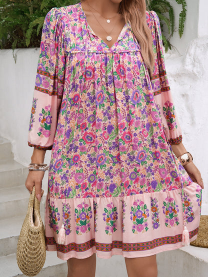 Spring Summer Casual Bohemian Holiday Rayon Printed V neck Dress Women Clothing