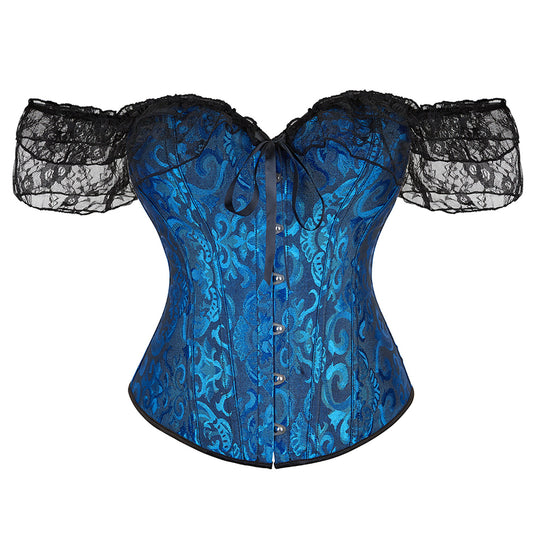 Blue lace corset with black sleeves on a white background