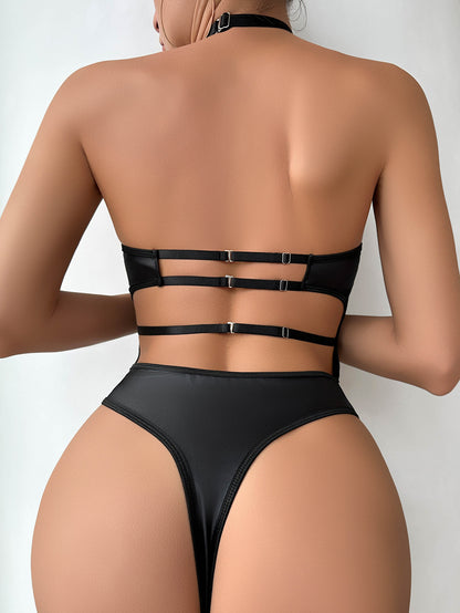 “Midnight Rebel: Lace & Faux Leather Cutout High-Waist Backless Lingerie”