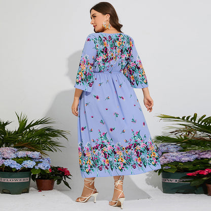 Plus Size Spring Dress Floral Chiffon Elastic Waist Flare Sleeve Vacation Dress