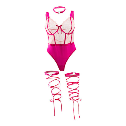 Pink Sheer one piece bodysuit lingerie for plump girls