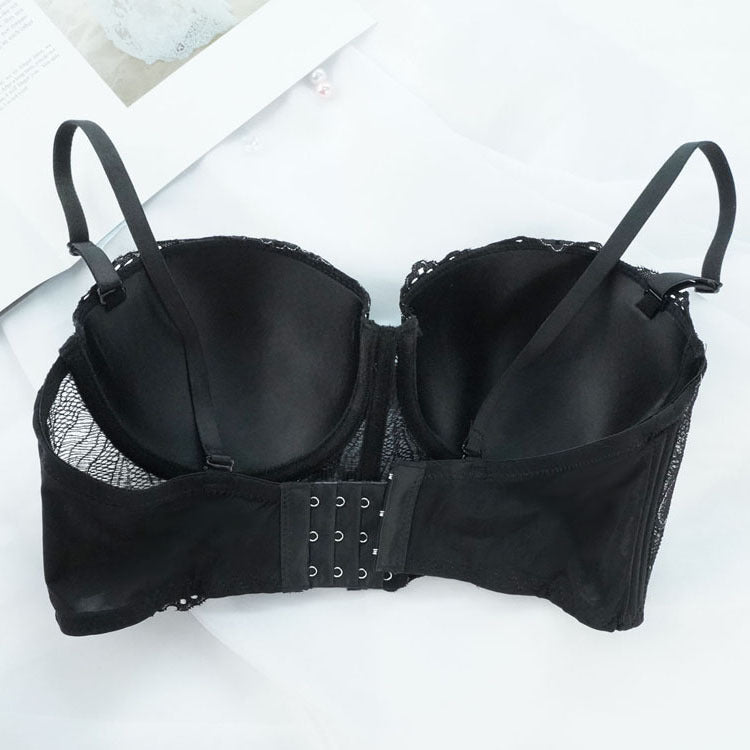 Black lace bra on a white background
