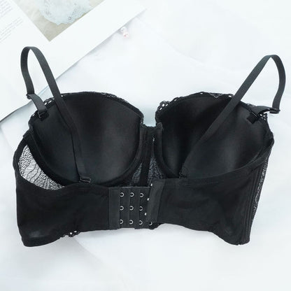 Black lace bra on a white background