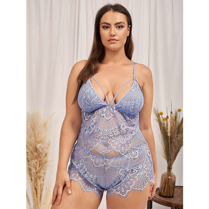 Plus Size Sexy Lingerie – Deep V Lace See-Through Suspender Split Backless Set for Curvy Women