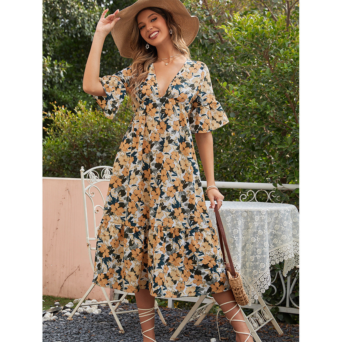 Women Clothing Sexy Casual Waist Tight Slimming V Neckline Floral Dress