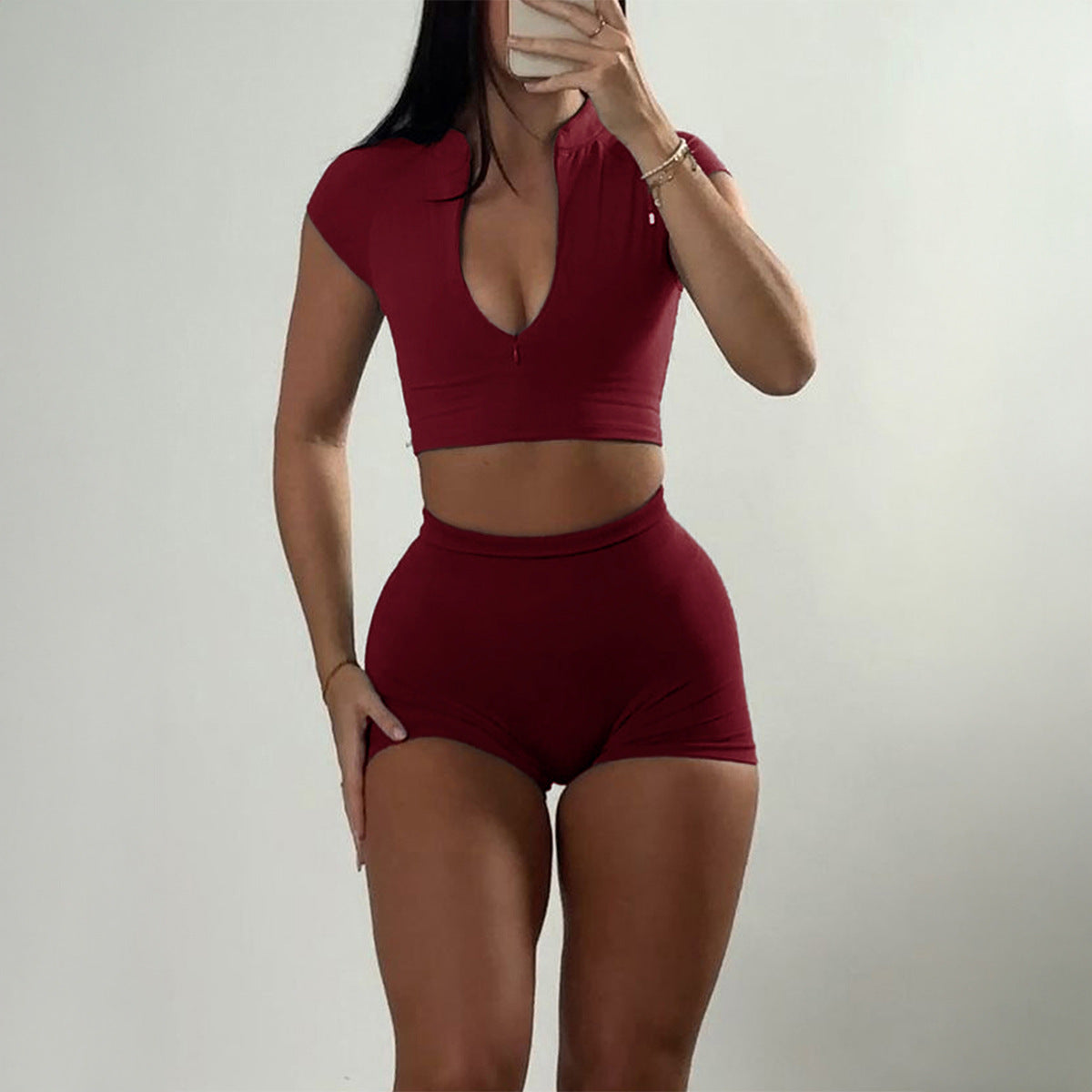 Burgundy “Plus size short sleeve sports yoga top and summer shorts two piece set L-6XL model”