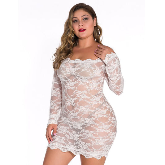 Woman wearing a white lace dress on a white background