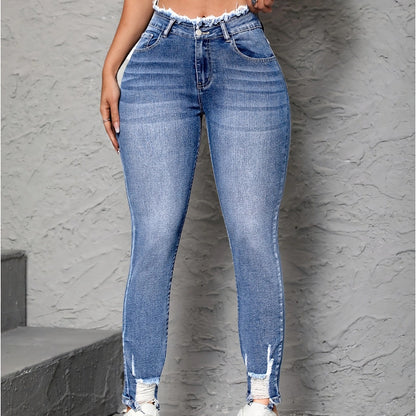 Women wearing street trends ripped frayed skinny jeans with kurti