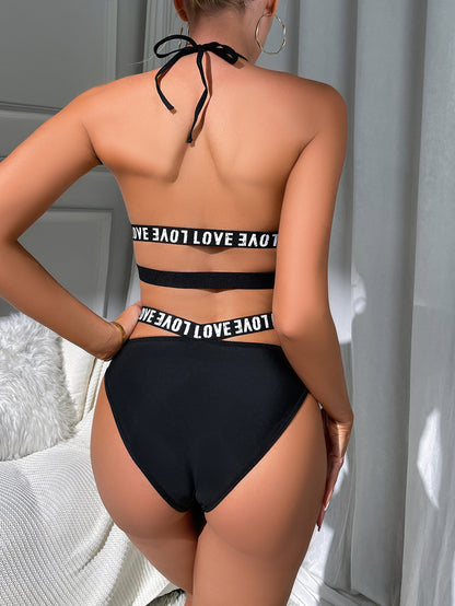 Sexy Hollow-Out Lingerie Set – Backless Letter Graphic Strap Three-Point Design for Women