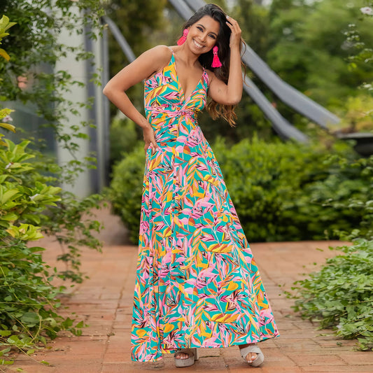 Spring Summer Women Wear V Neck Brace Printing Elegant A Swing Maxi Dress