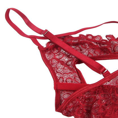 Red lace lingerie set on a white background