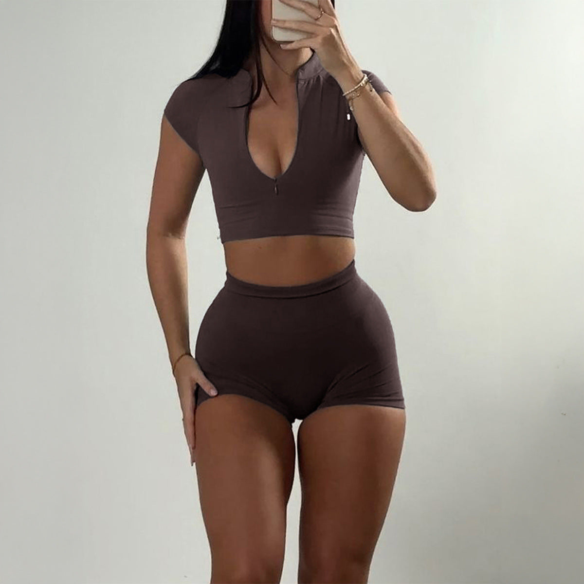 Dark Brown “Plus size short sleeve sports yoga top and summer shorts two piece set L-6XL model”
